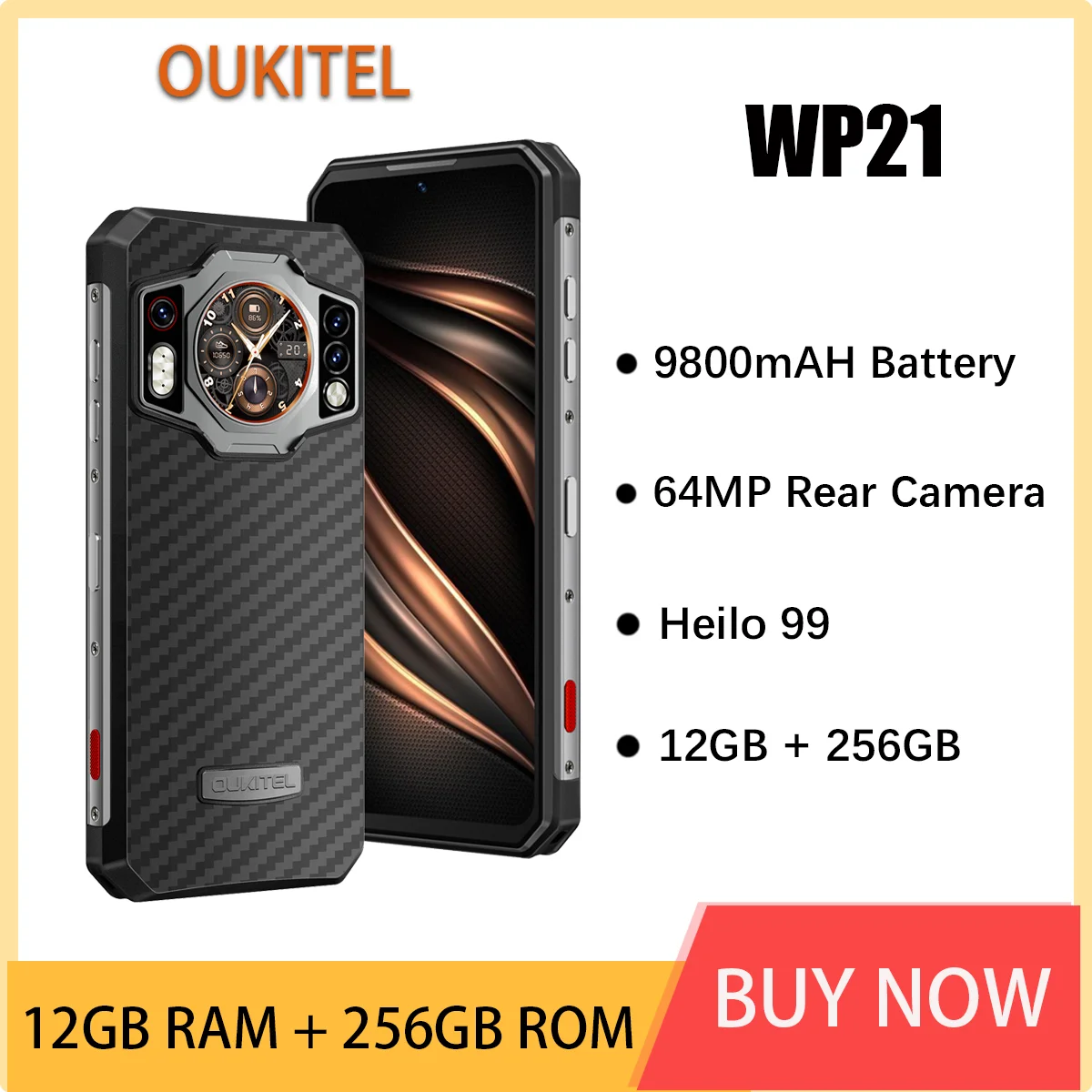 Wytrzymały smartfon Oukitel WP21 17 GB + 256 GB, telefon Android 12 bateria 9800 mAH kamera 64 MP z szybkim ładowaniem 66 W, 6,78 "FHD