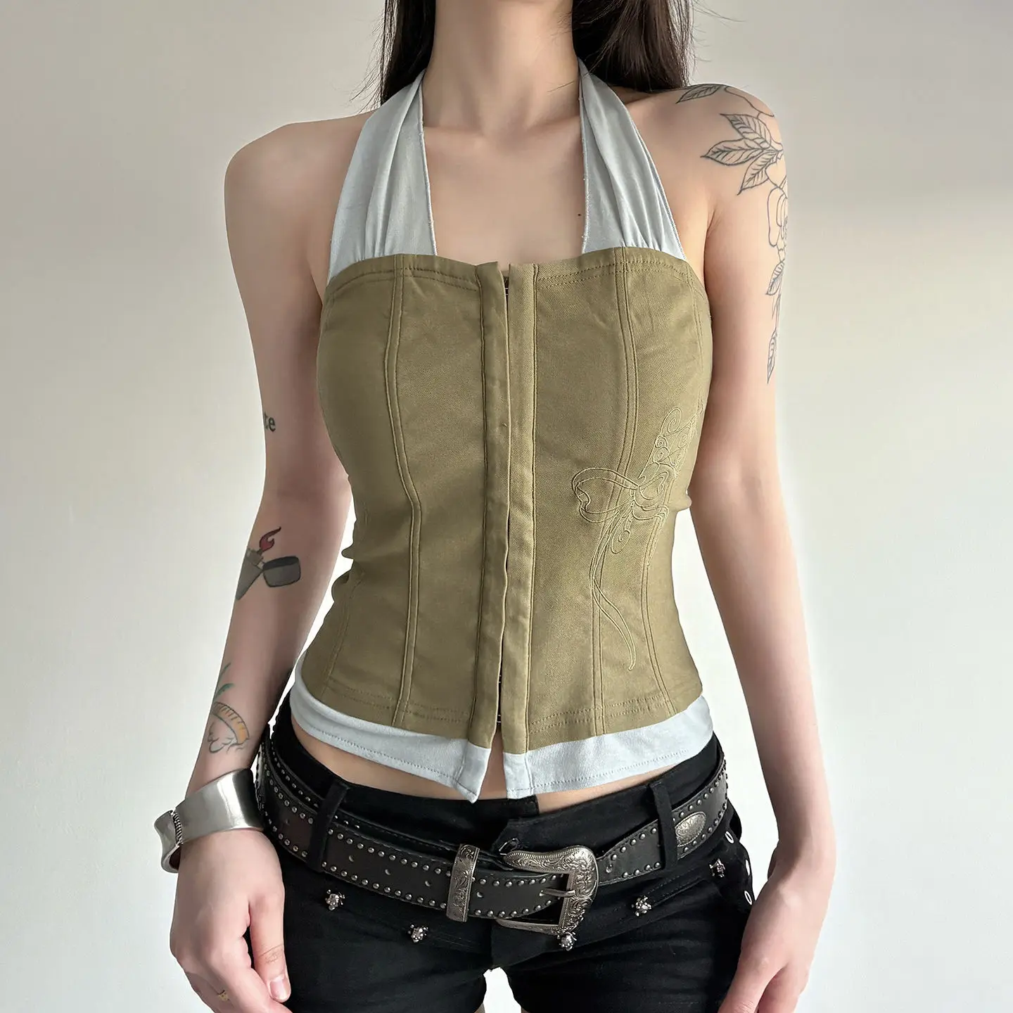 

American Style Color-Block Embroidered Halter Neck Tank Top for Women with Straps, Backless Slim Fit Hot Girl Top