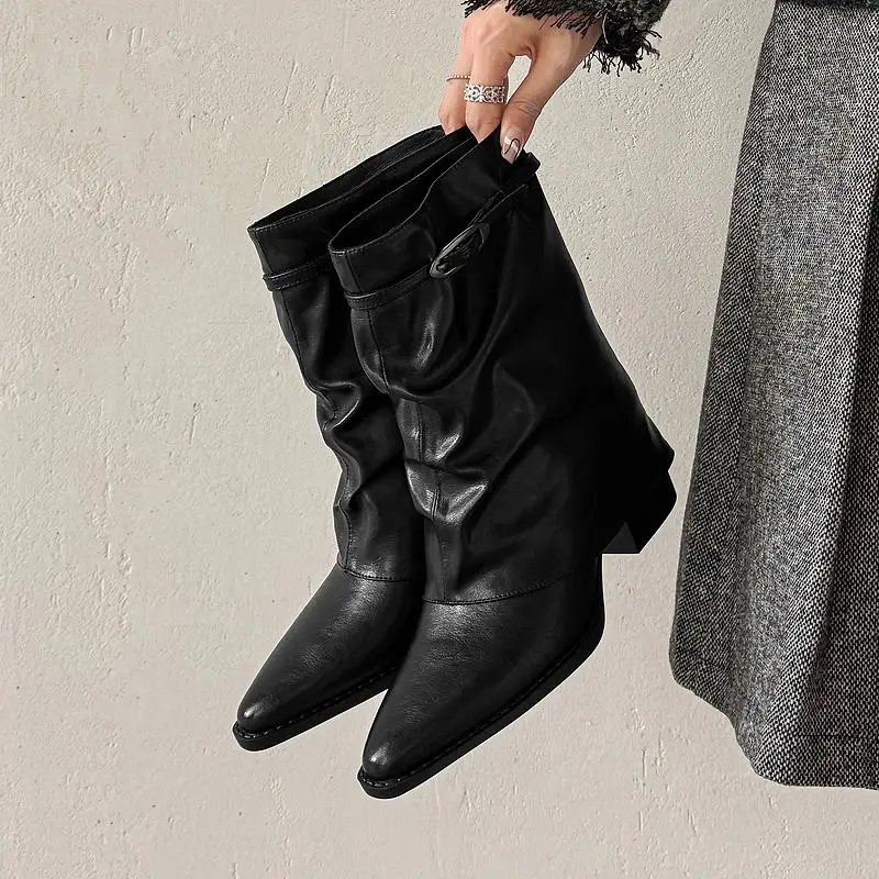 2026 new autumn winter women mid-calf boots natural leather 22-26cm cowhide+microfiber+pigskin round toe women pants boots