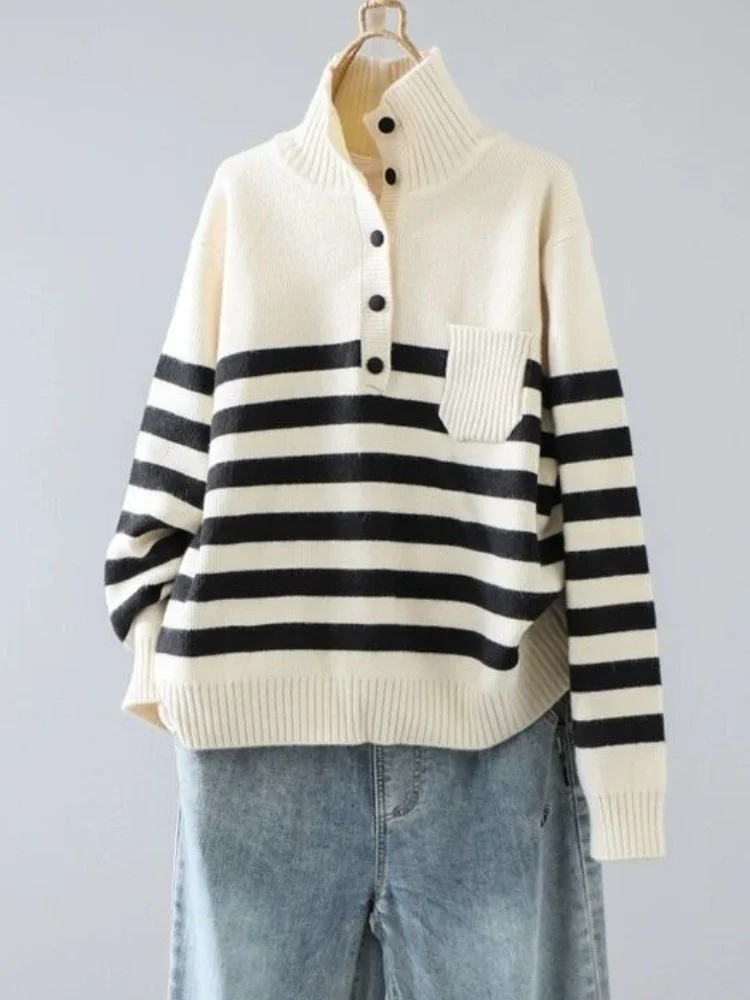 

Осень-зима, шикарная женская одежда, полосатый повседневный свободный вязаный свитер, новые мягкие теплые универсальные топы, пуловеры на пуговицах