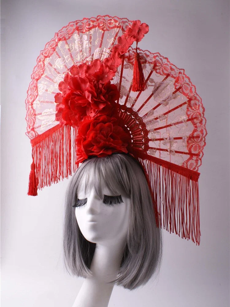 

Headdress Transparent Mesh Flower Embroidery Tassel Accessories Red Adult Fan Shape Suitable Stage Cheongsam Show Creative Props