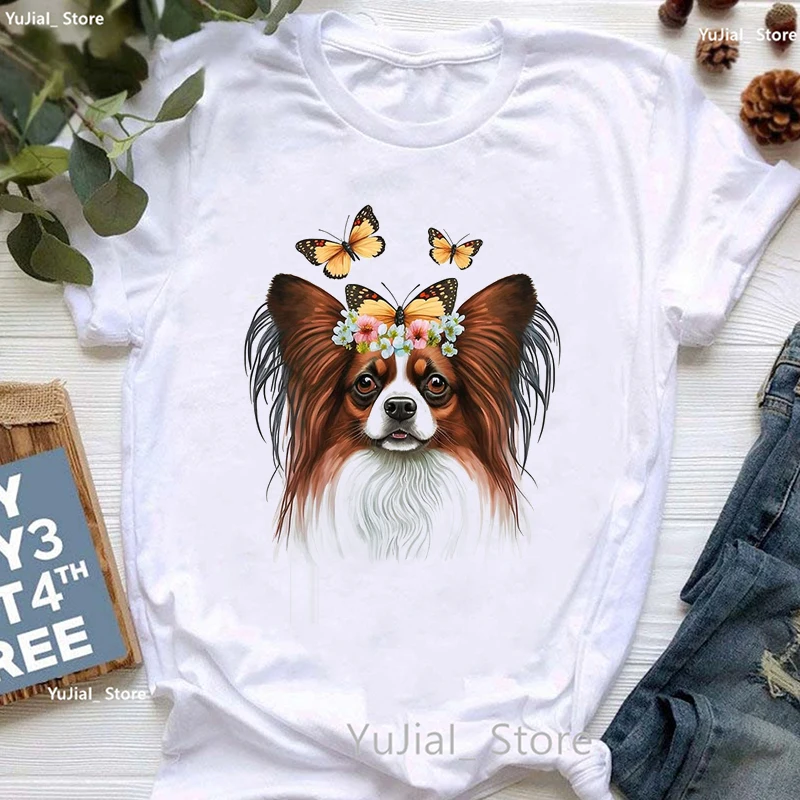 Watercolor Papillon Dog Flowers Butterfly Print T Shirt Girls Summer Fashion Tops Tee Shirt Femme Harajuku Kawaii Clothes