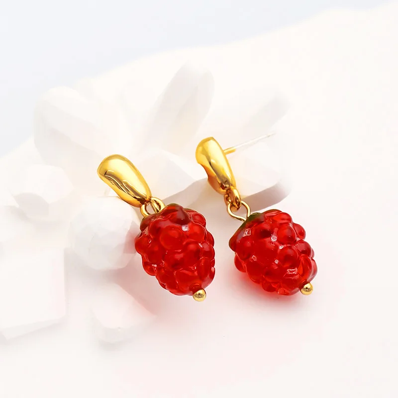 

Vintage Statement Luxury Exaggerate Chunky Coloured Glaze Sweet Red Strawberry Fruit Drop Earrings for Women Wedding Jewelry