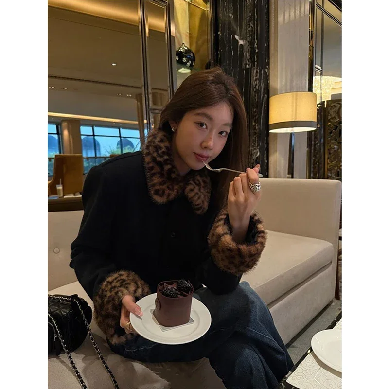 سترة نسائية سوداء عتيقة من MEXZT معاطف هاراجوكو مقصوصة على شكل الفهد ملابس شتوية كورية بأكمام طويلة ملابس خارجية قصيرة