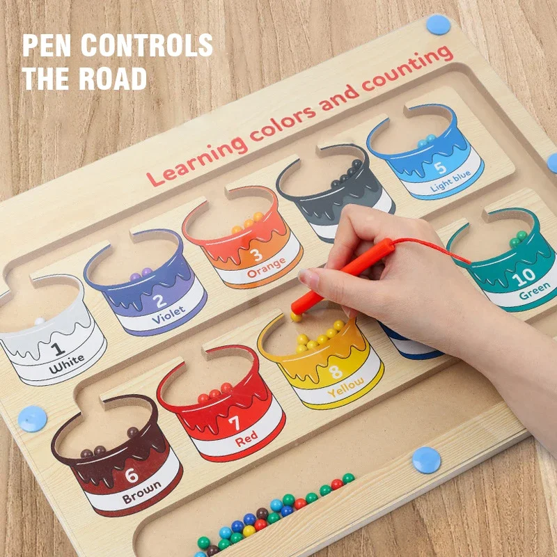 Magnetic Pen Controls Moving Bead Board Game Wooden Color Sorting Maze Toddler Toy Number Matching Counting Preschool Activity