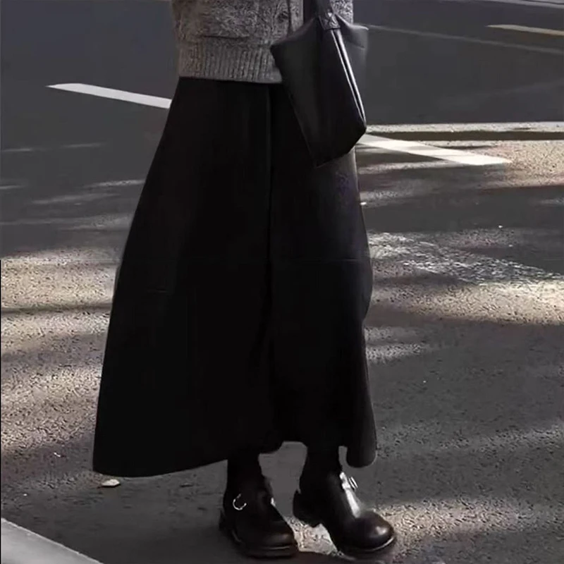 Vintage Faux Woolen Midi Skirt Women Casual Solid High Waist Loose Skirt Fall Winter Retro All Match Harajuku A Line Skirt New
