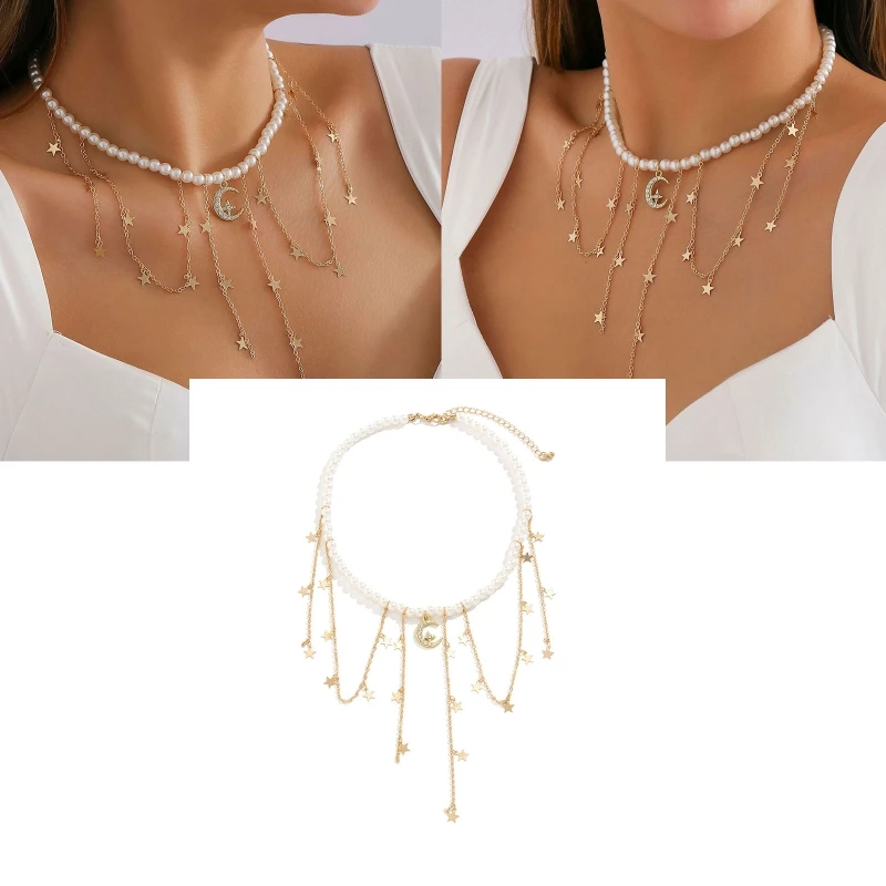 Collar cadena clavícula Collar perlas barrocas Gargantilla Collar borlas estrellas
