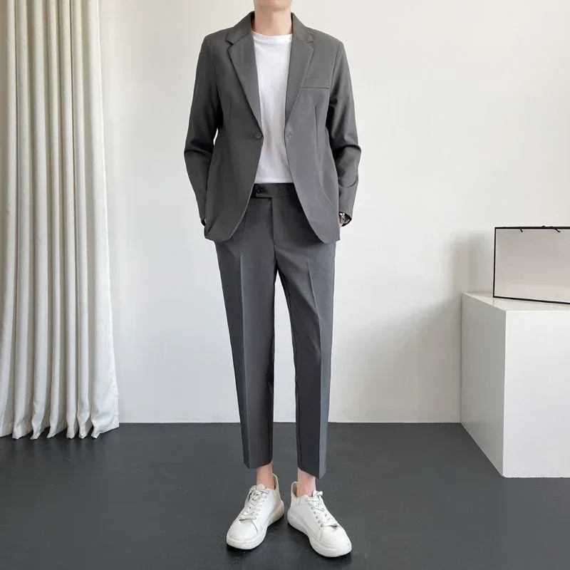 

2 Piece Outfit Set Man Grey Blazer Casual Full Suit for Men Korean Spring Clothing Trends Costumes Luxury Pants Ceremony JJ1412