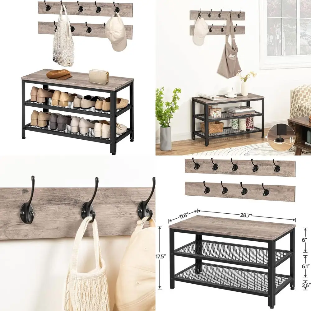 

3-in-1 Wooden Entryway Bench with Coat Rack and Shoe Storage, Metal Frame, Greige & Black