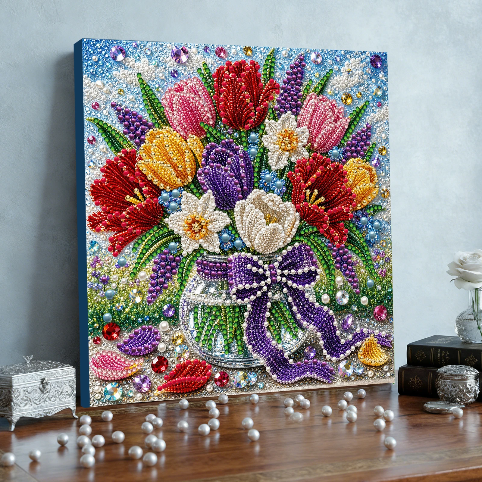 DIY Pearl Diamond Painting Kit Flowers Pearl Art Kits for Adults 7.87x7.87" Rhinestones Beads Diamond Art Kit with Framed Canvas - view 6