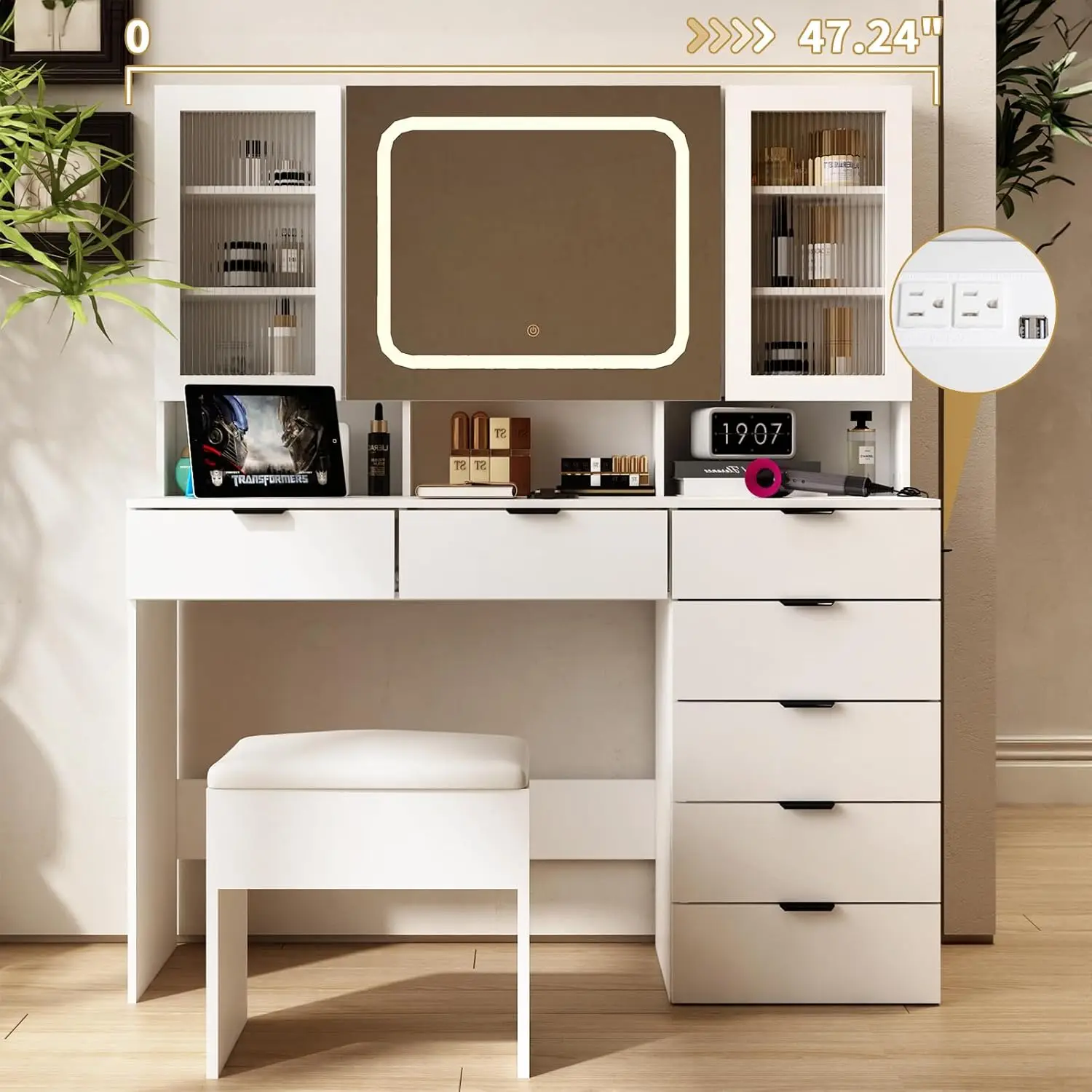 VINGLI Vanity Desk with LED Lighted Mirror & Padded Bench, Makeup Set with 7 Drawers & 2 Clear Glass Cabinets & 1 Hidden Mirror