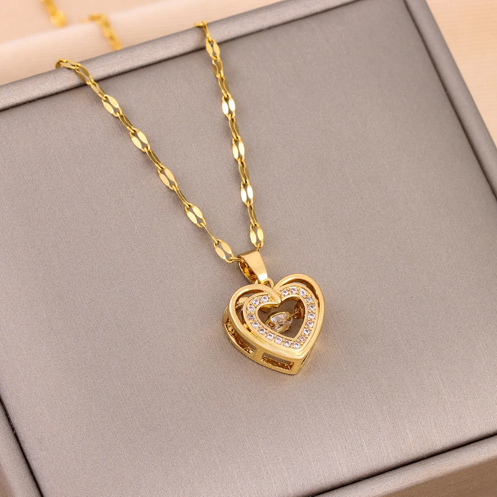 

Double-layer Love Necklace With Rhinestones Titanium Steel Pendant Fashion Jewelry Woman Valentines Day Gift