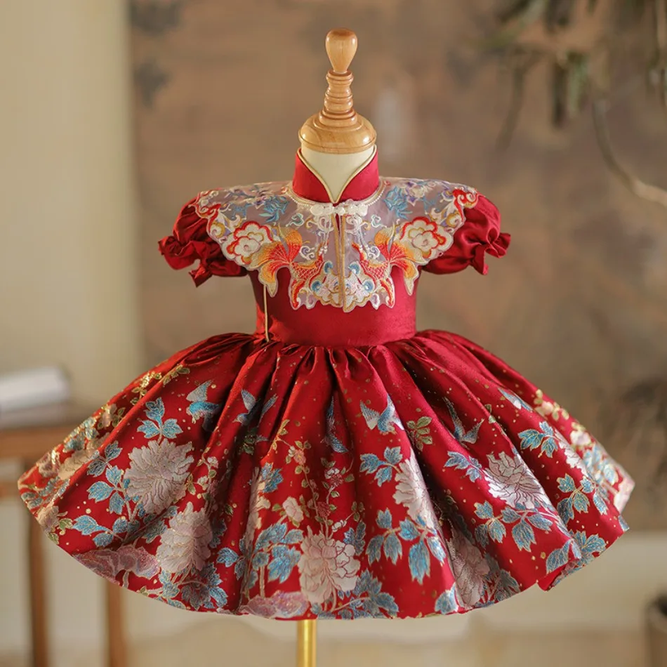 Baby Girls Traditional Chinese Style Qipao Dress Kids Short Sleeve Embroidery Koi Peony Print Cloud Satin Toddler Birthday Dress