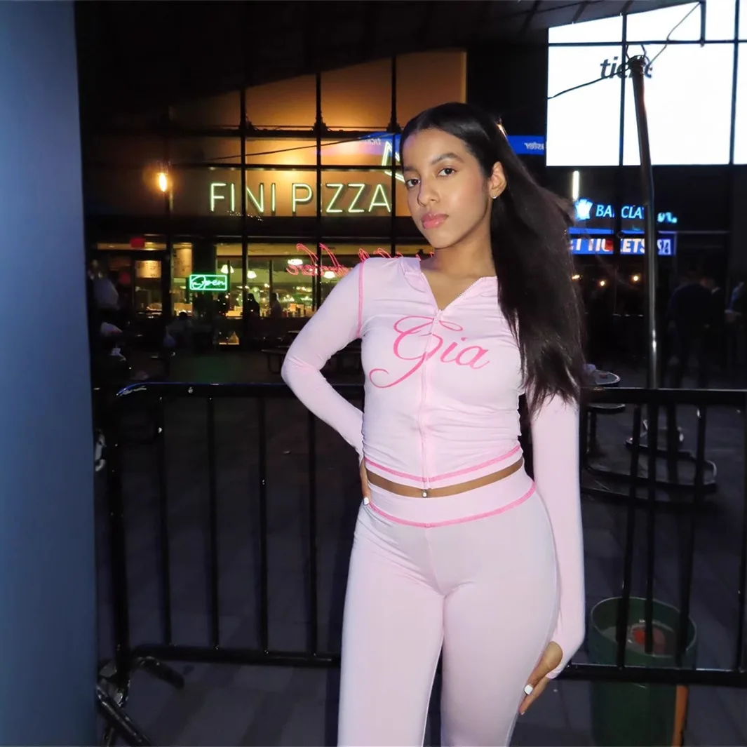 Drucken Zwei Stück Set Frauen Langarm Zip Mit Kapuze Crop Top und Hosen Casual Streetwear Y2K Mode Frühling Herbst Outfit