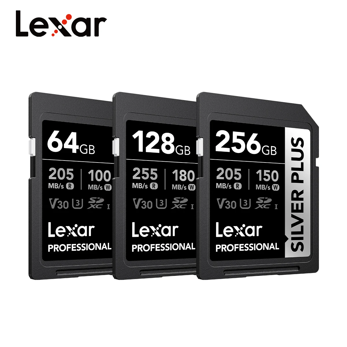 Tarjeta SD Lexar SILVER PLUS V30, tarjeta de memoria SDXC UHS-I, 64GB, 128GB, 256GB, tarjetas de vídeo 4K para cámara Canon, Sony, Nikon