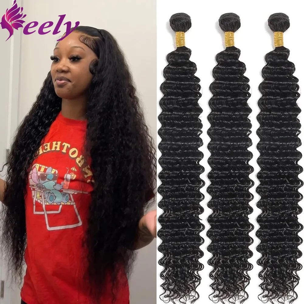 Deep Wave Brazilian Human Hair Bundles Natural Black 100% Real Bundles Human Hair Extensions 24 26 28 Inches Color #1B For Woman