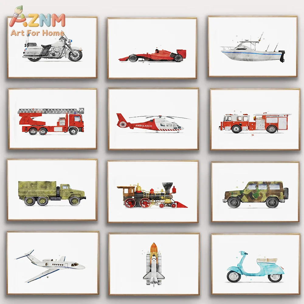 AZNM Watercolor Transport Vehicle Canvas Poster Frameless Wall Art Fire Truck Train Plane Race Car Motorcycle Boat Print For Kid
