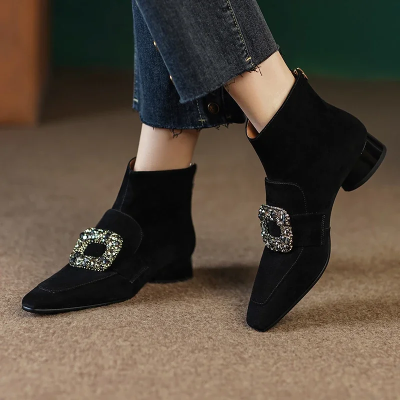 

Rhinestone Decor Thick Heel Short Boots Women Cow Suede Rear Zipper Design Ankel Boots Spring Autumn Retro Chelsea Boots