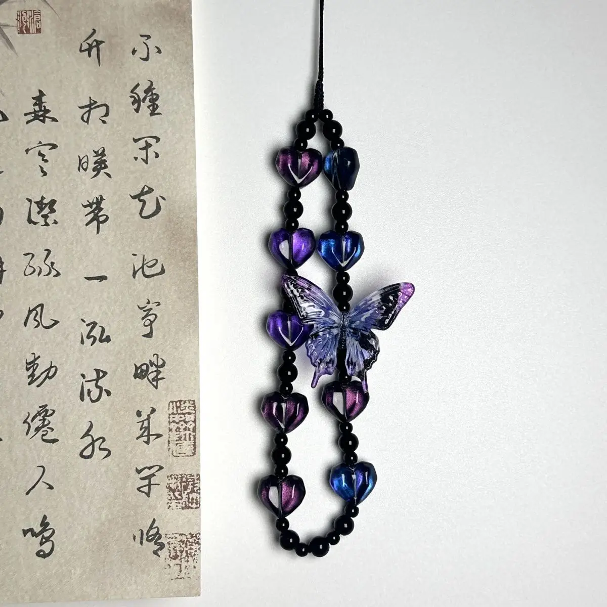 

Gothic Butterfly Phone Charm Dark Aesthetic Black Beaded Strap Punk Style Pendant Lanyard for Girls