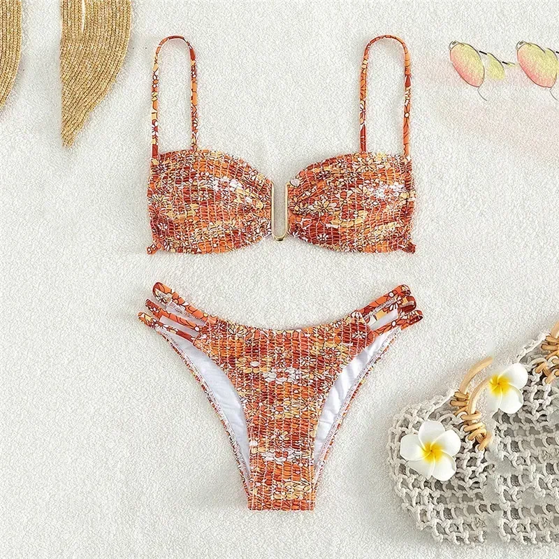 Costumi da bagno arricciati con stampa floreale costume da bagno a fascia con volant da donna bikini Set Mujer costume da bagno Sexy con stringhe Biquinis Beachwear Swim