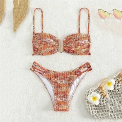 Floral Print Ruched Swimwear Women Ruffles Bandeau Swimsuit Bikinis Set Mujer Sexy String Bathing Suit Biquinis Beachwear Swim