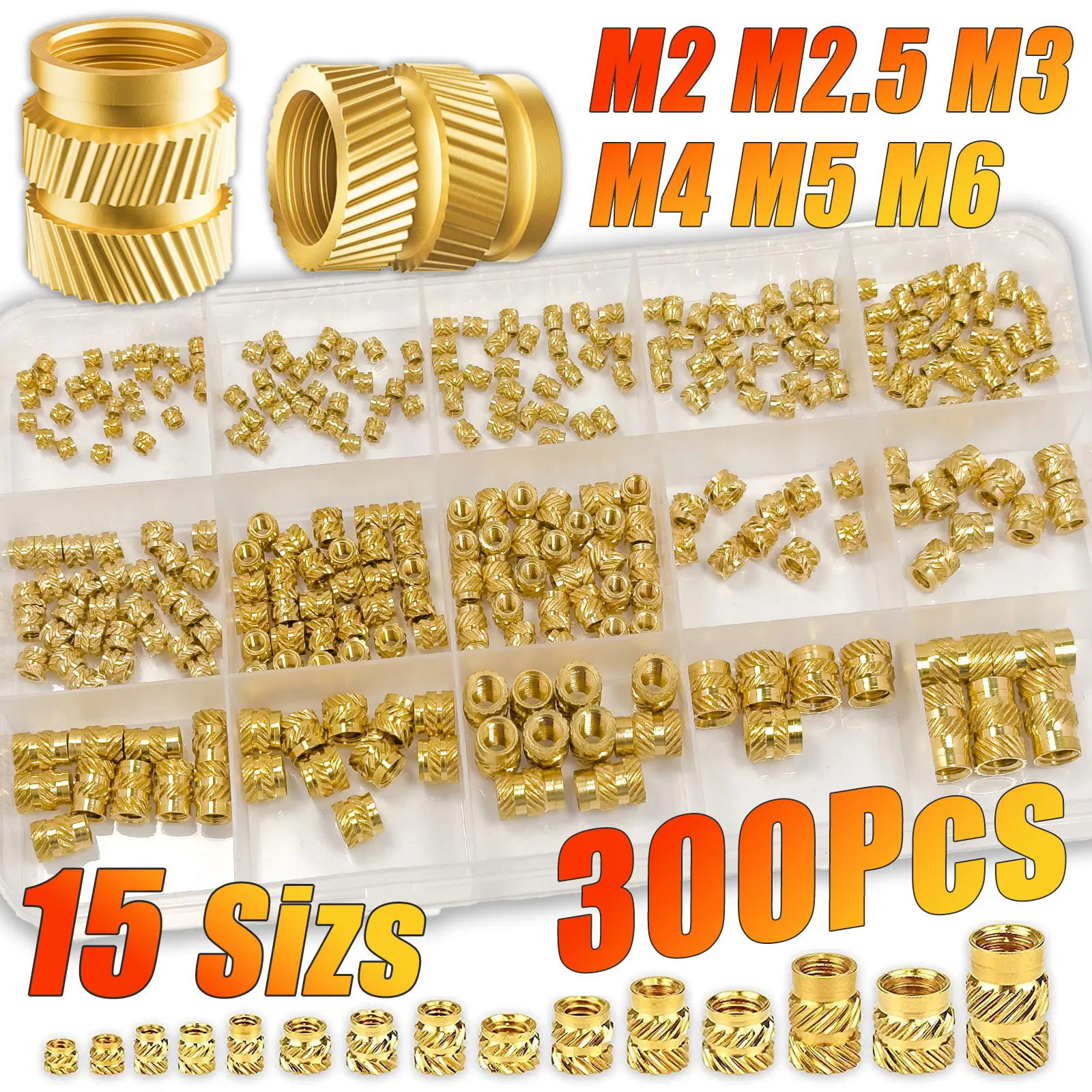300PCS M2 M2.5 M3 M4 M5 M6 Brass Heat Set Insert Kit, Knurled Threaded Nuts, Compatible with 3D Printing & Plastic Parts