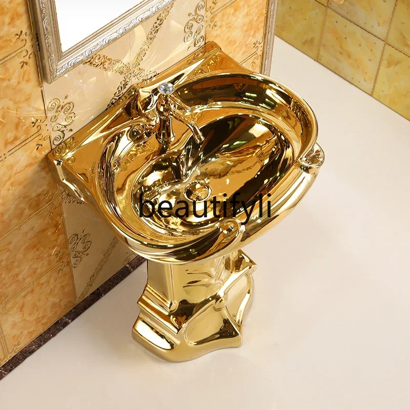 New arrive European-style Relief Art Column Basin Floor-standing Balcony Ceramic Washbasin