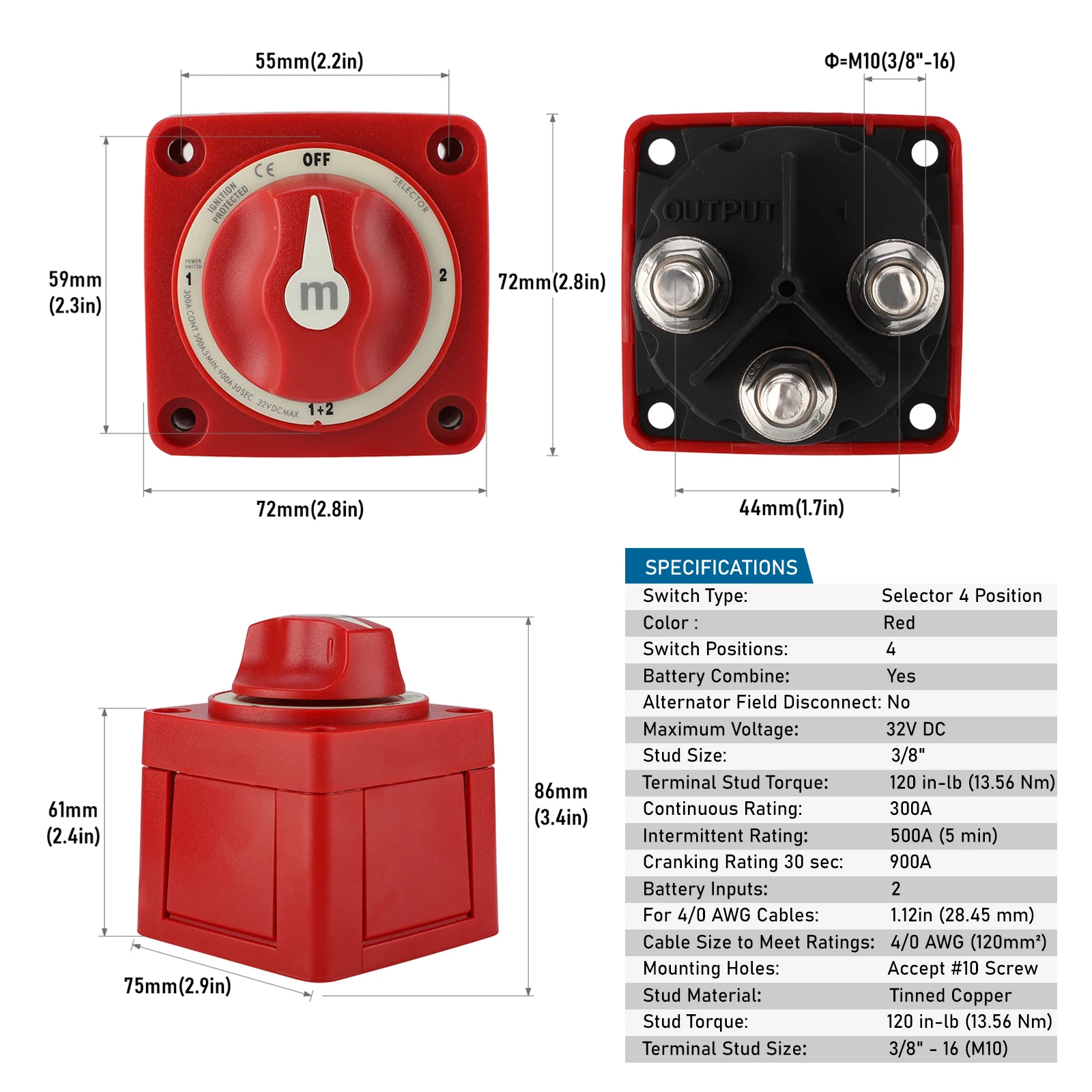 Isolator Mini Selector Switches 3 4 Position 12-32V 100-300A M-Series Waterproof Ignition Protected Marine Boat Dual Battery