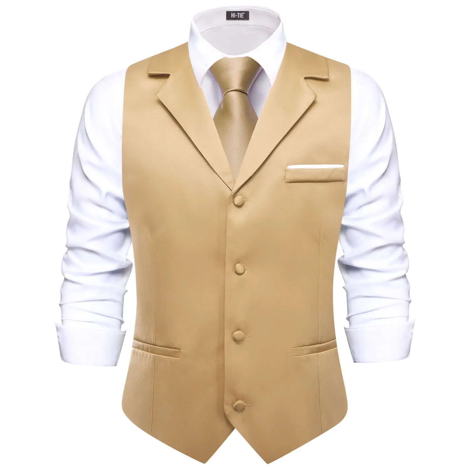 Hi-Tie Champagne Solid V-neck Mens Vest With Tie Jacquard Tuxedo Dress Waistcoat Adjustable Jacket Casual Business Party Fashion