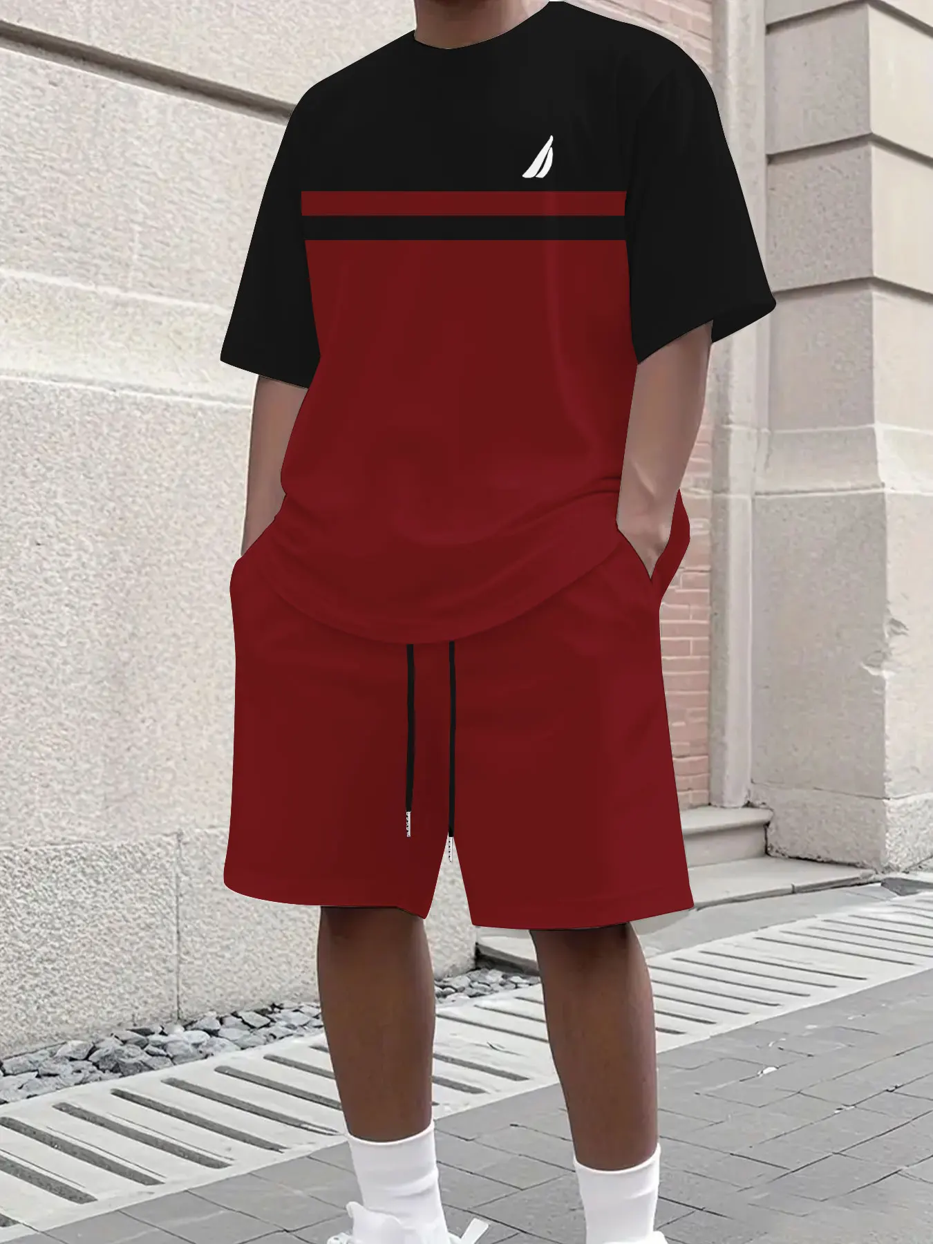 

Men's Two-Tone Color Block Minimalist Athletic Casual Drawstring Shorts Short Sleeve Moisture Wicking Matching Set