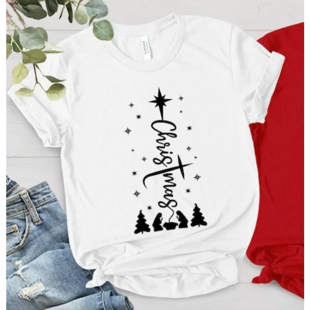 Chemise de noël croisée, scène de la nativité, T-Shirt Joy To The World, cadeaux de noël religieux, hauts graphiques, vêtements pour femmes