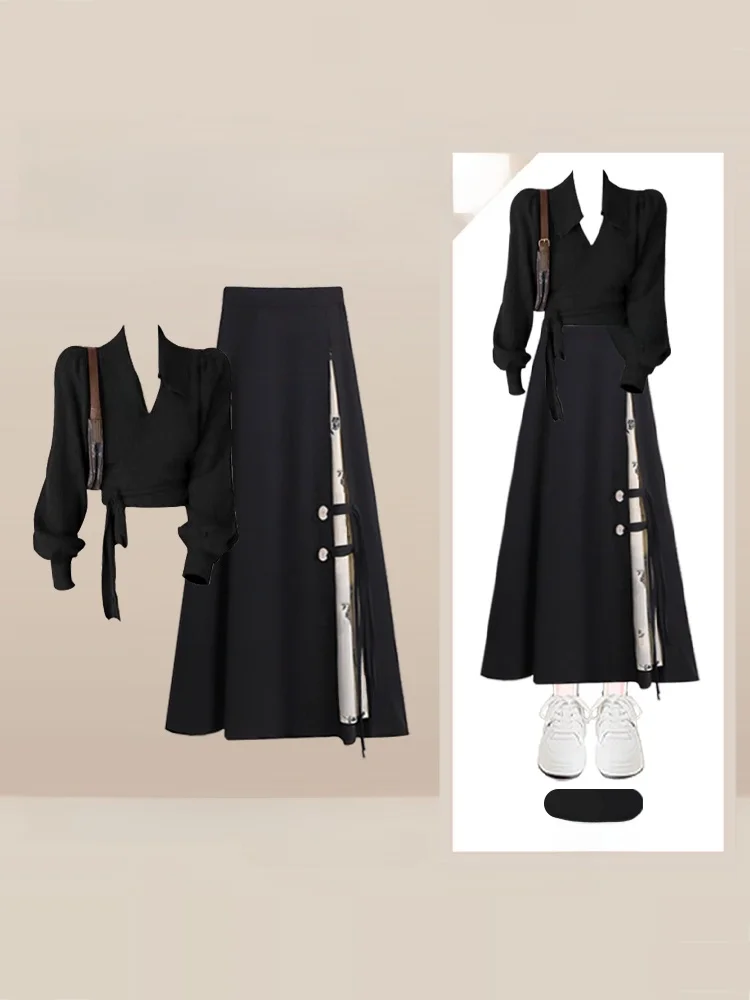 

Faionable Knitted Ne Sweater Waist-Cinching f-Skirt Set Vintage Splicing Hanfu Sle Women's Autumn Outfit