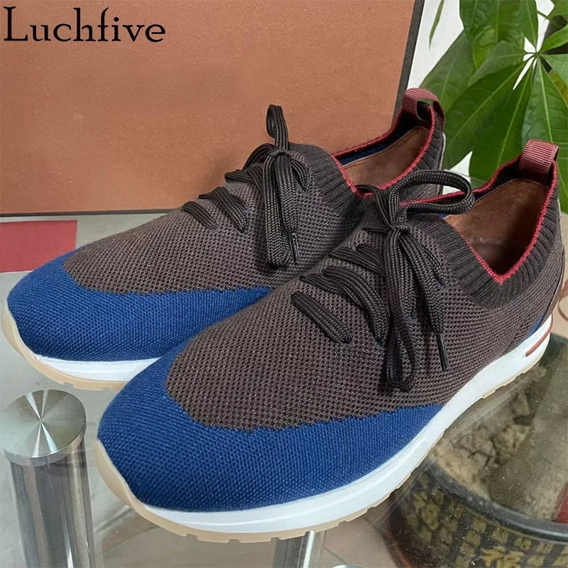 Plus Size Knitted Flat Shoes Women Casual Lace up Slip On Sneakers Shoes Multicolor Round Toe Luxury Brand Walking Shoes Unisex