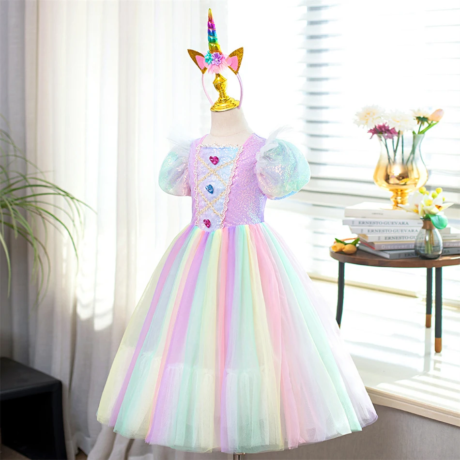 Halloween Unicorn Costumes Girls Colorblock Sequin Puffy Dress Surprise Birthday Gift for Children Carnival Party Encanto