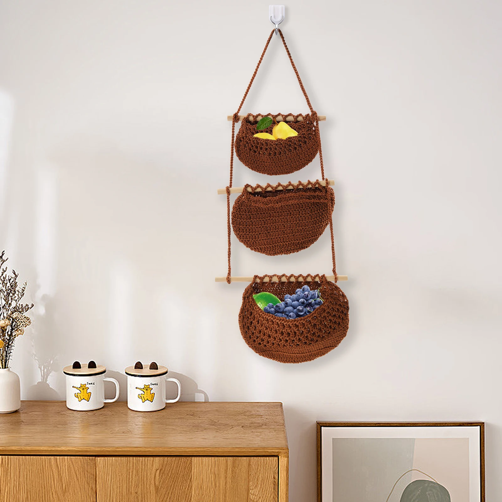 3-Tier Hanging Baskets Handmade Fruit Hanging Basket Detachable Design Fruit Net Pocket