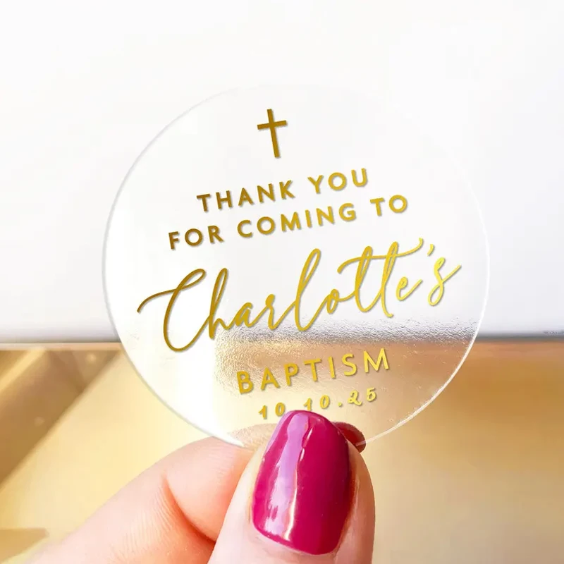 

50pcs Personalized Baptism Stickers, Round Transparent Thank You Stickers, Gold, Silver, Black Text, Custom Christening Sticker