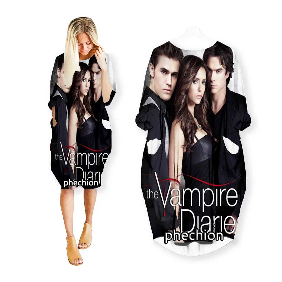 

phechion New The Vampire Diaries 3D Print Fashion Dresses Casual Mid-length Dress Women Clothing Pocket Long Sleeve Tops R84