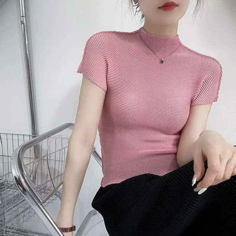 Pleated Short Sleeve Women's T-shirt Chiffon Shirt Summer Women's High Collar Thin Top Women's Western Fashion
