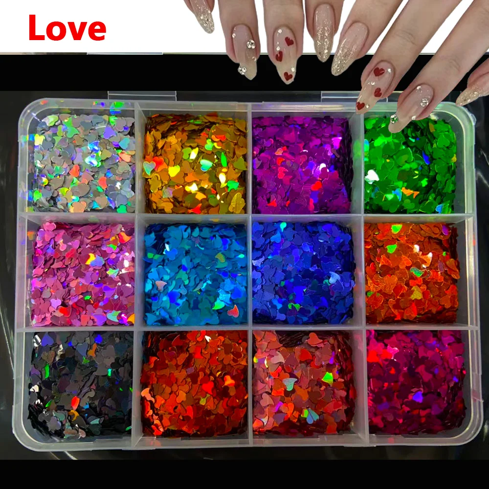 12 ชิ้นหัวใจ/ใบเมเปิ้ล/ผีเสื้อเล็บ Glitter เลื่อมจํานวนรูปโฮโลแกรมเงา Flakes วันวาเลนไทน์เล็บ Paillette