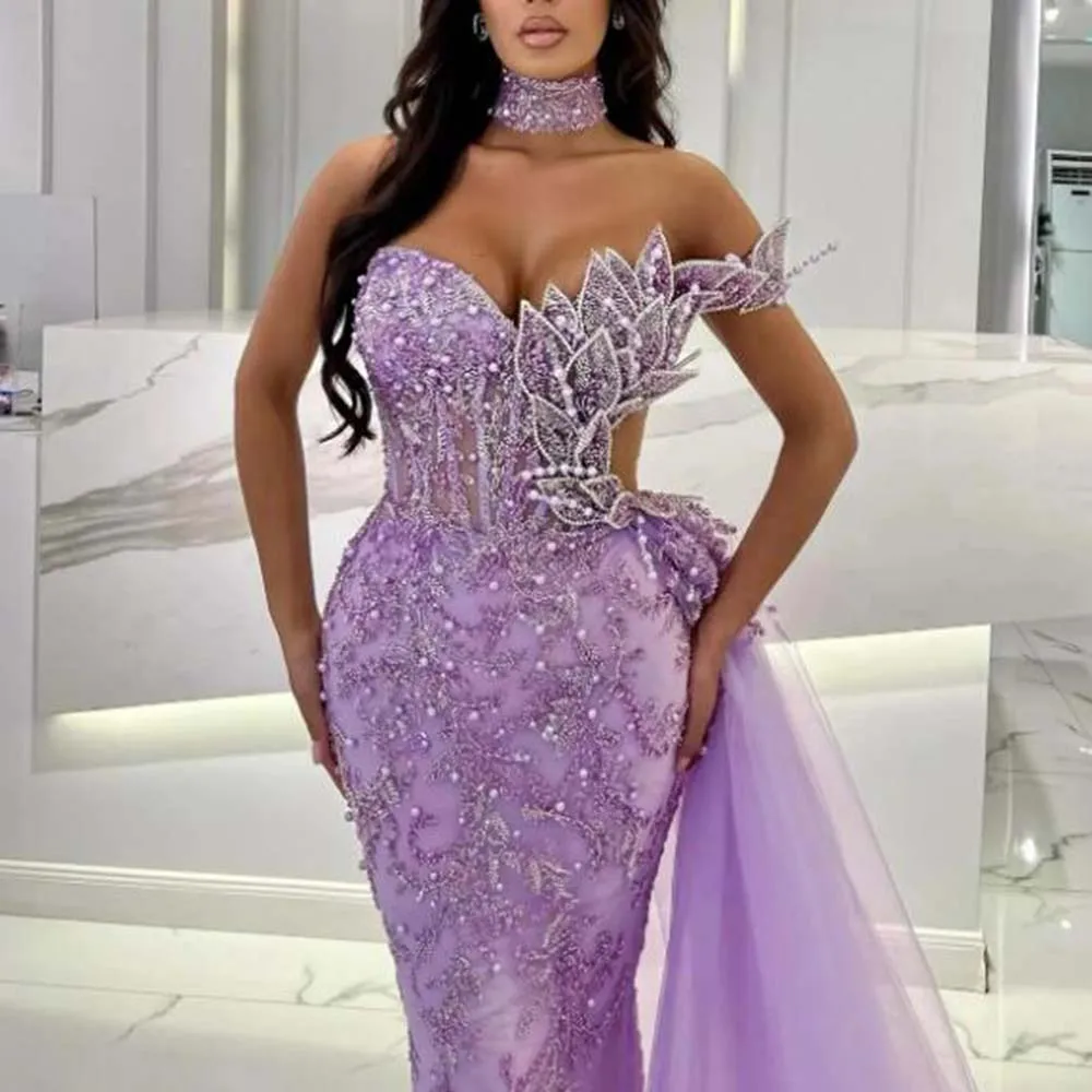 Stunning Purple Mermaid Prom Dresses Elegant Leaf Beading Shoulder Prom Dress Beads Train Customized Black Girls Formal Gowns