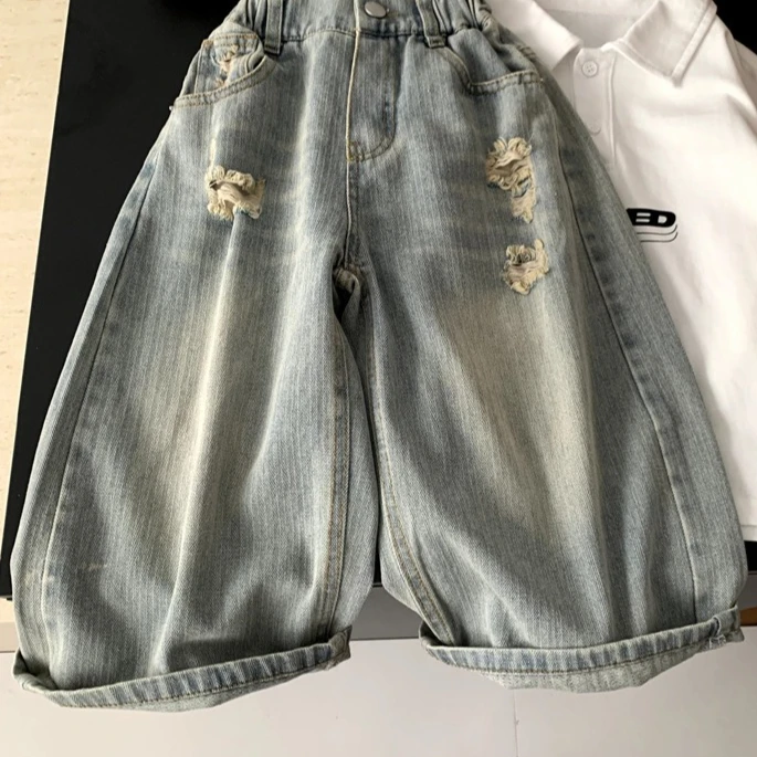 Boys Pants 2026 Spring and Summer New Children's Clothes Korean Style Boys and Girls Straight Tube To Do Old Ripped Jeans
