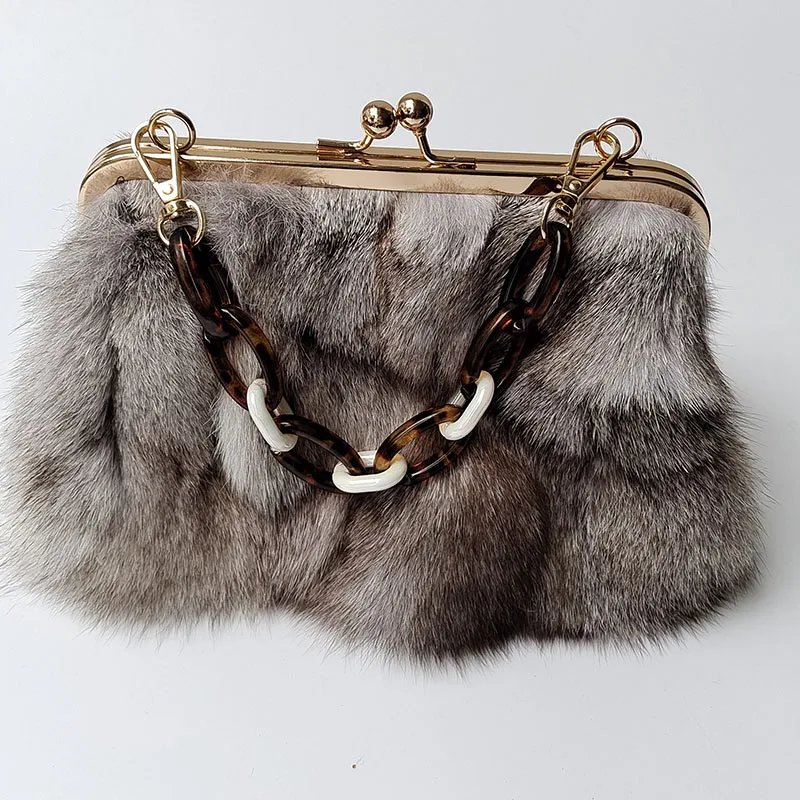 

2025 женская сумка из натурального лисьего меха, модная зимняя женская пушистая вечерняя сумка с цепочкой, сумка на плечо из натурального меха