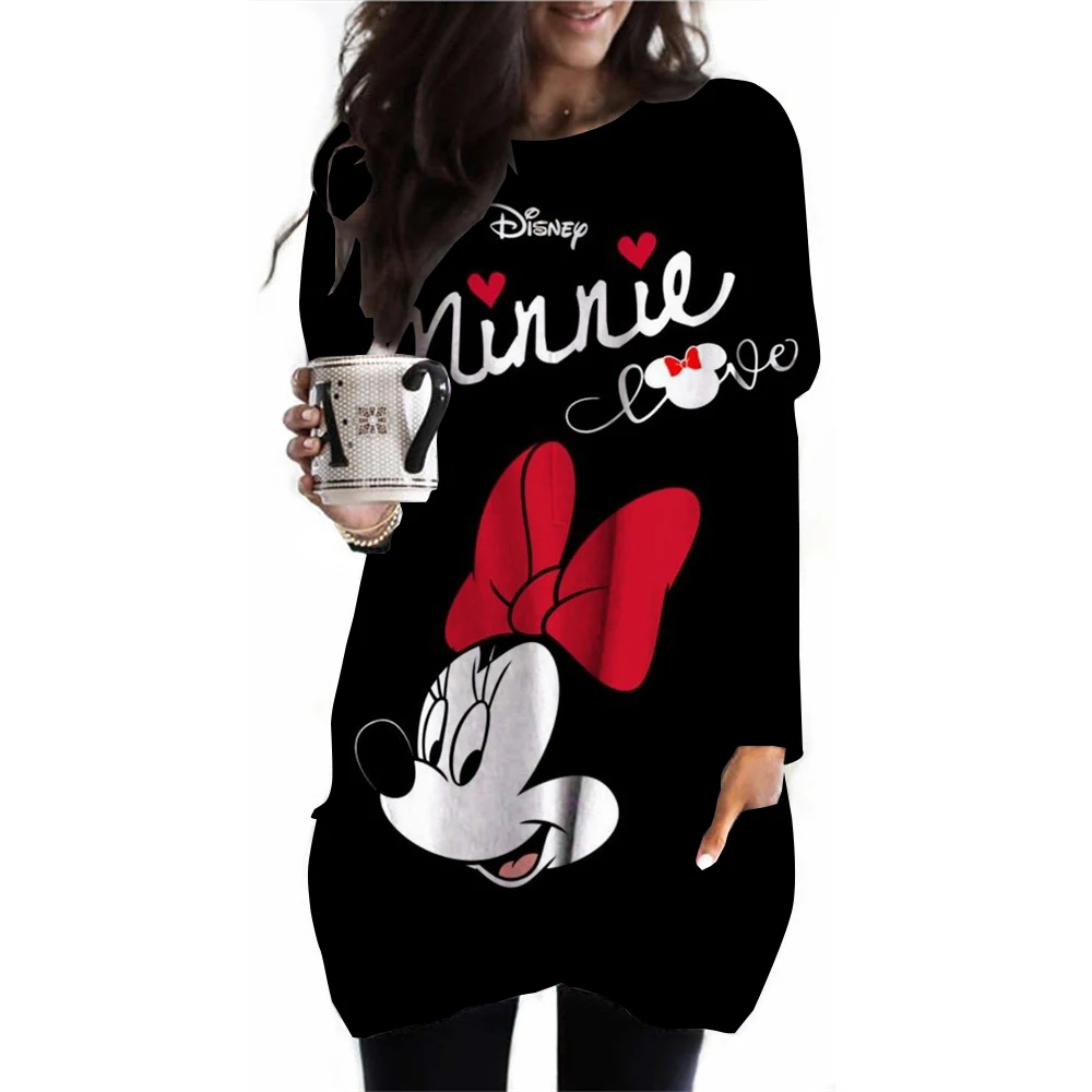 New Large Women\'s Long Sleeve Pocket Round Neck Waist Top T-shirt Disney Mickey Mouse Loose Casual Fashion Loose Women\'s Shirt