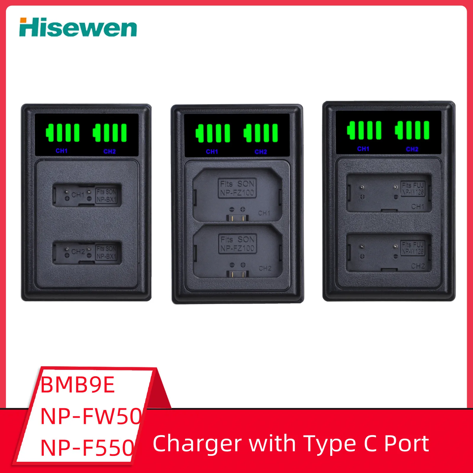 NP-FW50 NP-F550 NP-FZ100 NP-BX1 NP-W126 DMW-BMB9E EN-EL12 EL14 EL20 EN-EL23 LED Camera Battery Dual Charger with Type C Port