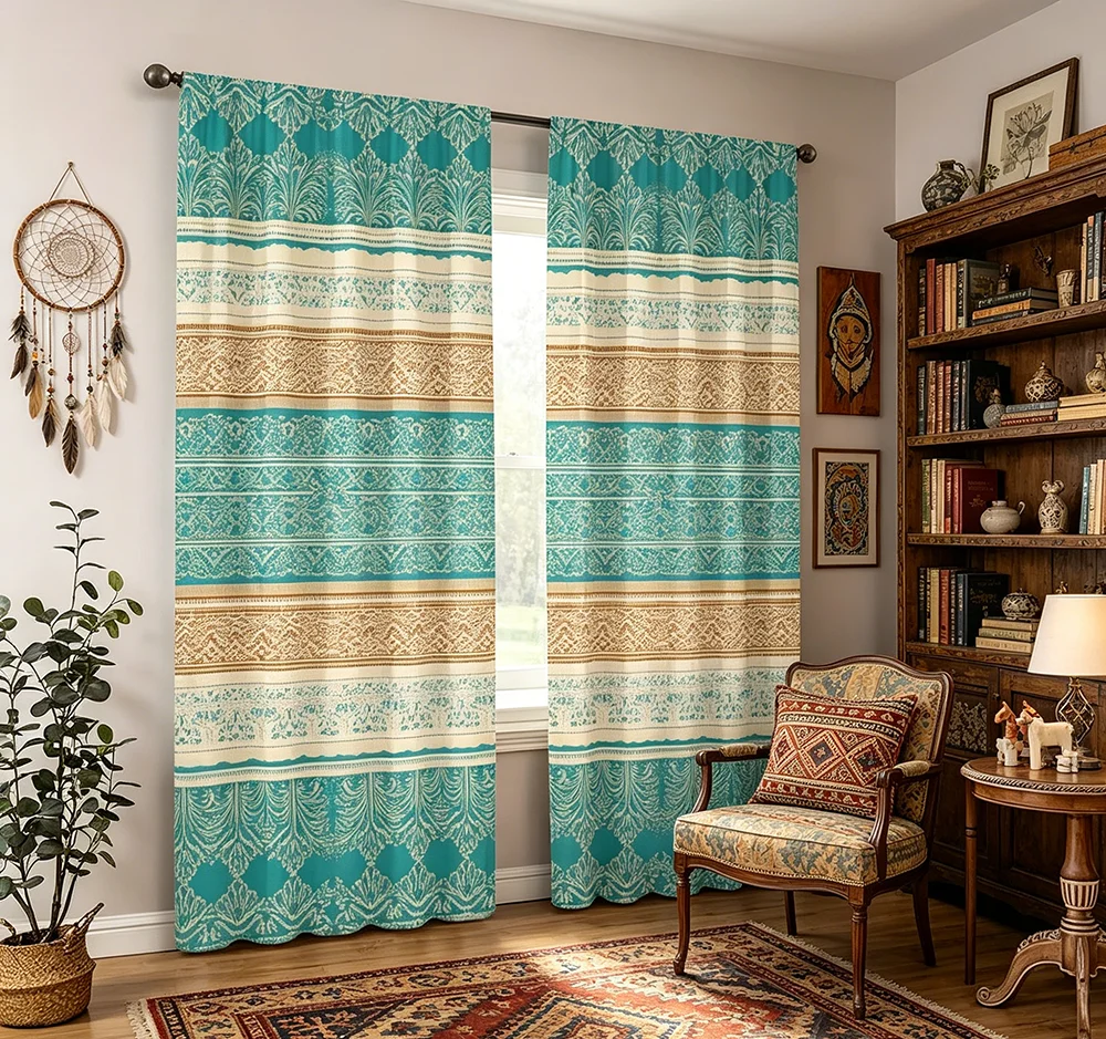 2PCS Digital Printed Curtains, Green Pine Bohemian Forest Rustic Cabin, Modern Home Decor Style for Living Room Bedroom Decor