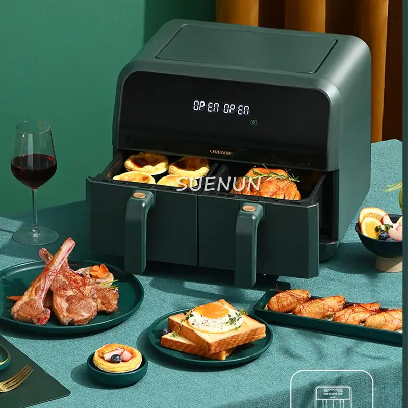 หม้อทอดไฟฟ้าอเนกประสงค์แบบอัตโนมัติเต็มรูปแบบหม้อทอด Air fryer ดรัมสองชั้นเตาอบไร้น้ำมันอัจฉริยะขนาดใหญ่