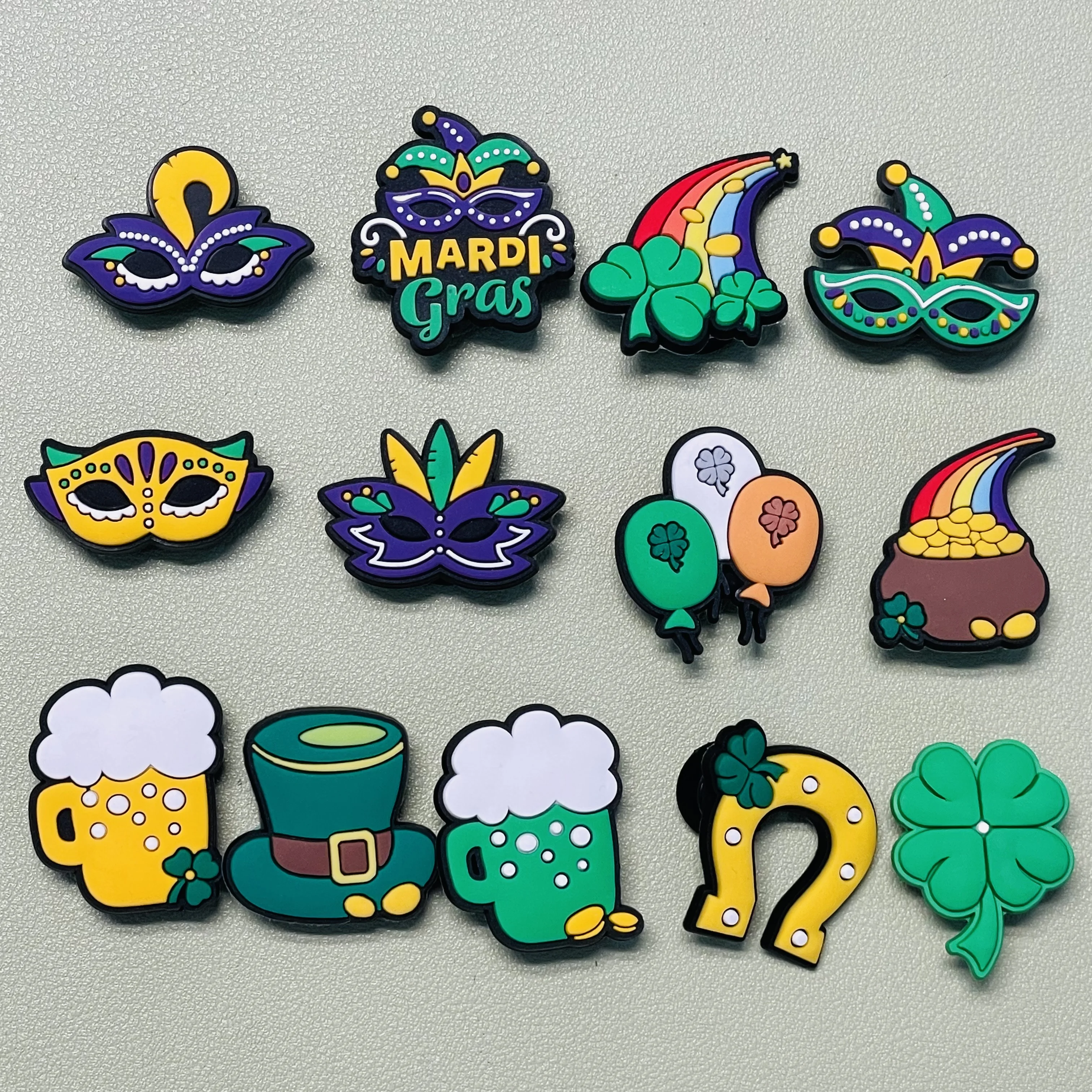 1-13pcs PVC Happy Mardi Gras Mask Hat Beer Rainbow Shoe Charms Buckle Fit Wristbands Backpack Decorations Party Holiday Gift