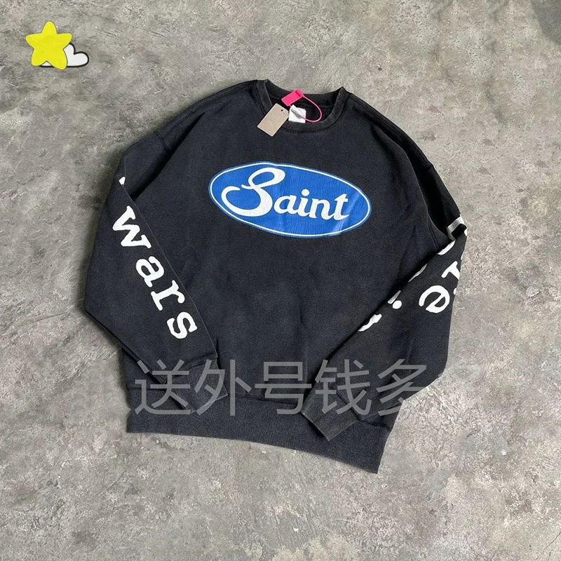 

High Street Vintage Washed Black Cracked Letters Logo Print Saint Sweatshirts Men Women Heavy Fabric Cotton Oversized Pullovers