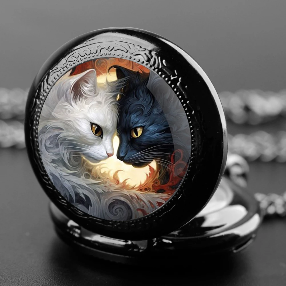 Black White Cats Pattern Glass Dome Arabic Numerals Display Quartz Pocket Watch Vintage Pendant Clock for Men Women with Chain