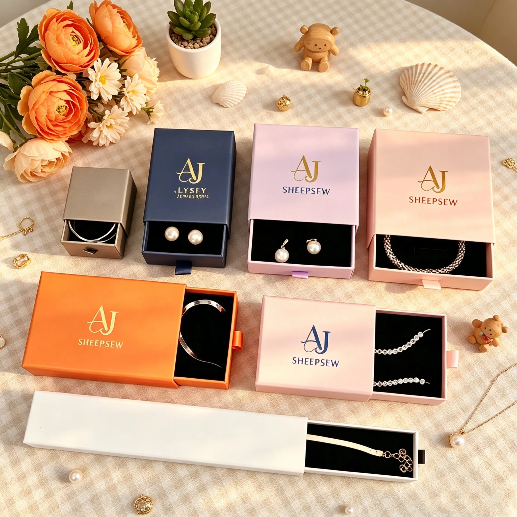 50pcs Sheepsew Personalized Logo Paper Drawer Jewlery Box For Rings Earrings Bracelet Pendant Necklace Travel Gift Packaging Org